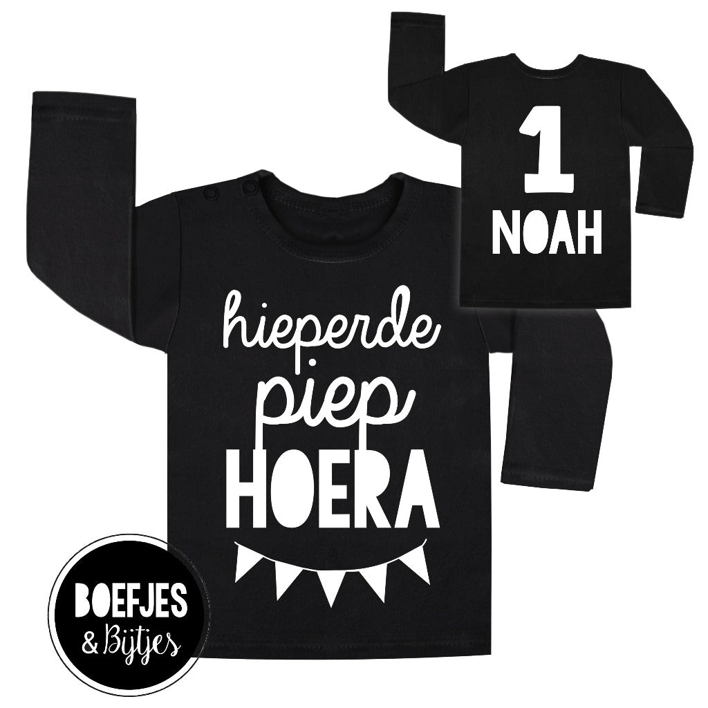 Verjaardag shirtje met eigen naam en leeftijd. Gepersonaliseerd kindershirtje hieperdepiep hoera