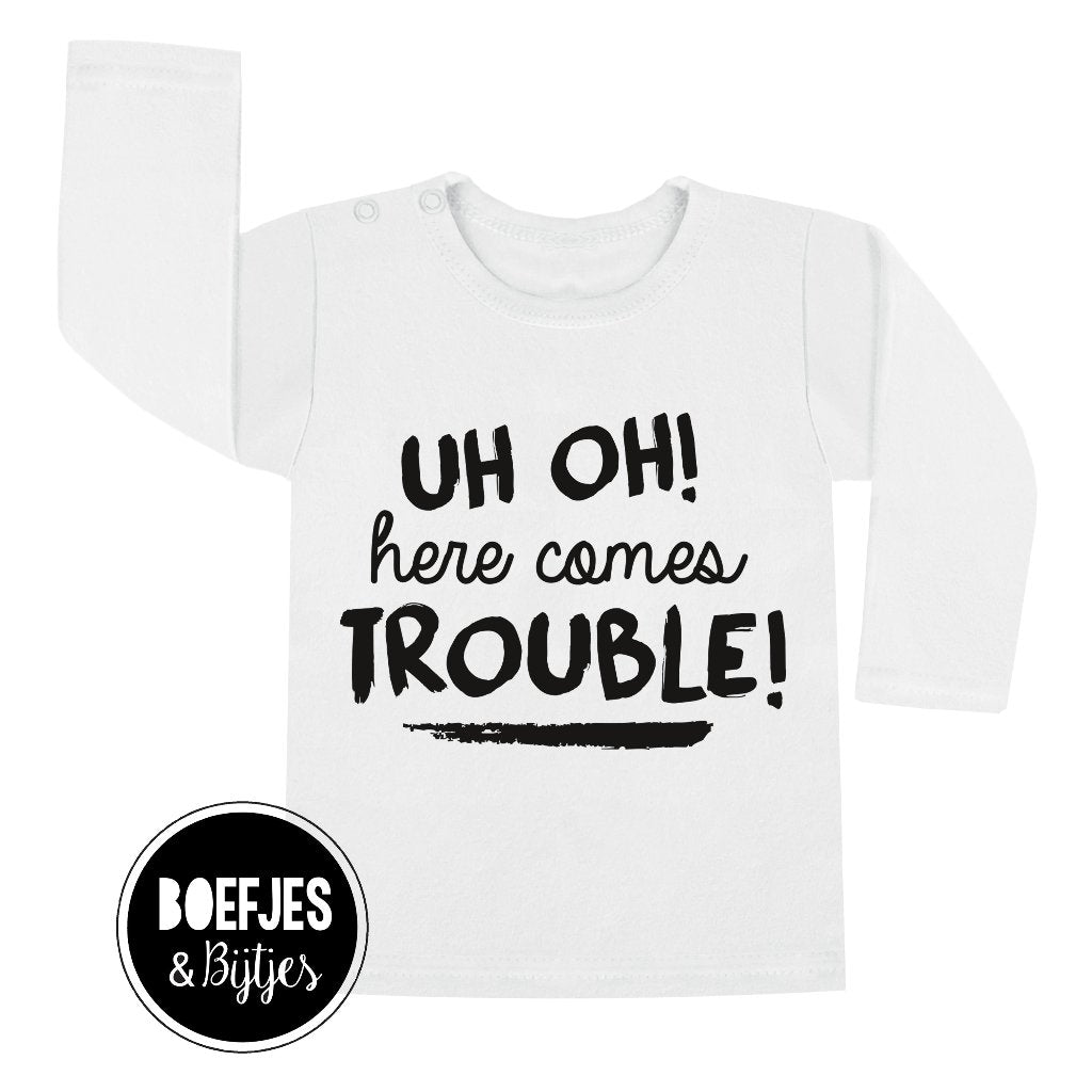 Uh oh! Here comes trouble! Unieke kinderkleding, uniek cadeautje kraamcadeau zwangerschapsaankondiging zwanger boefjes en bijtjes