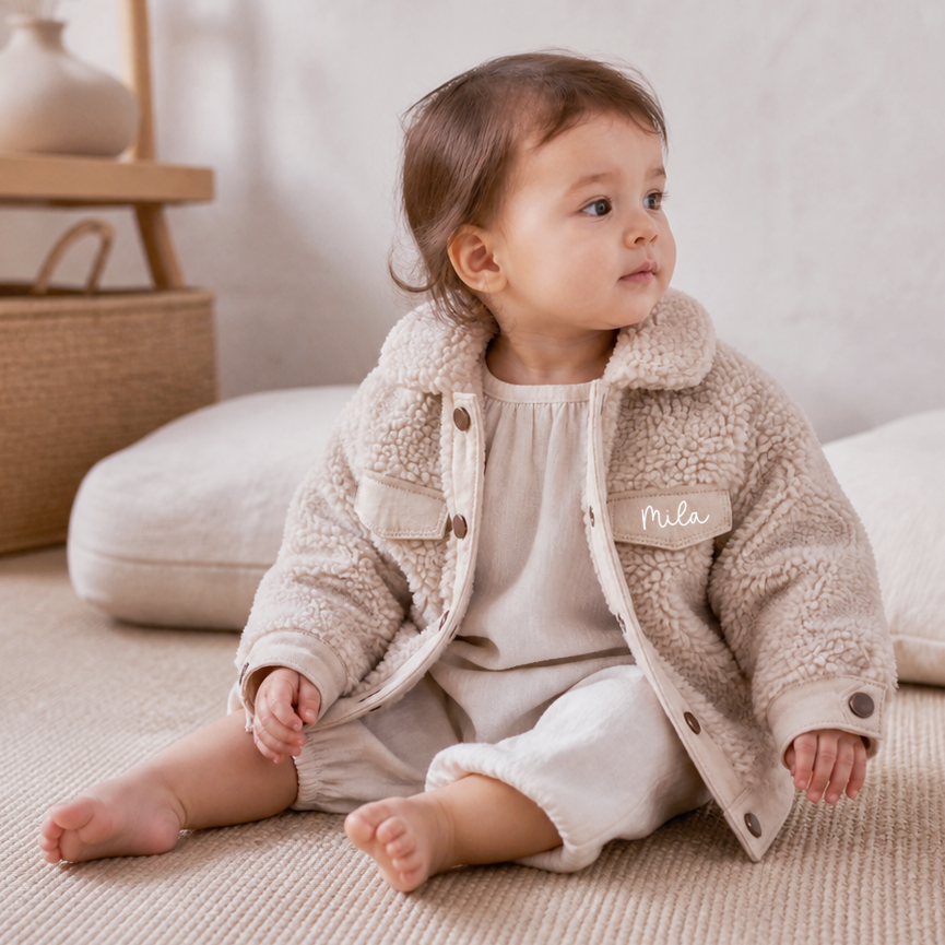 Tussenjasje tussen jas teddy met naam beige