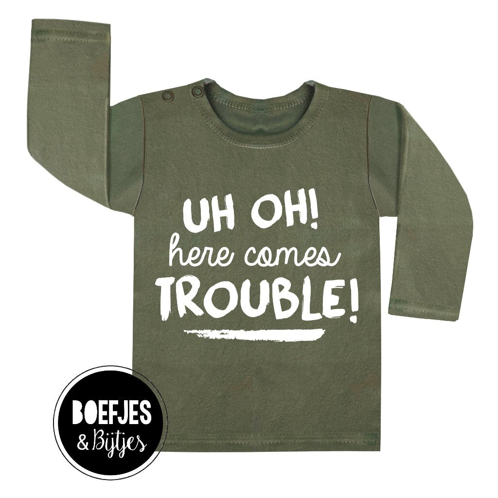 Uh oh! Here comes trouble! Unieke kinderkleding, uniek cadeautje kraamcadeau zwangerschapsaankondiging zwanger boefjes en bijtjes