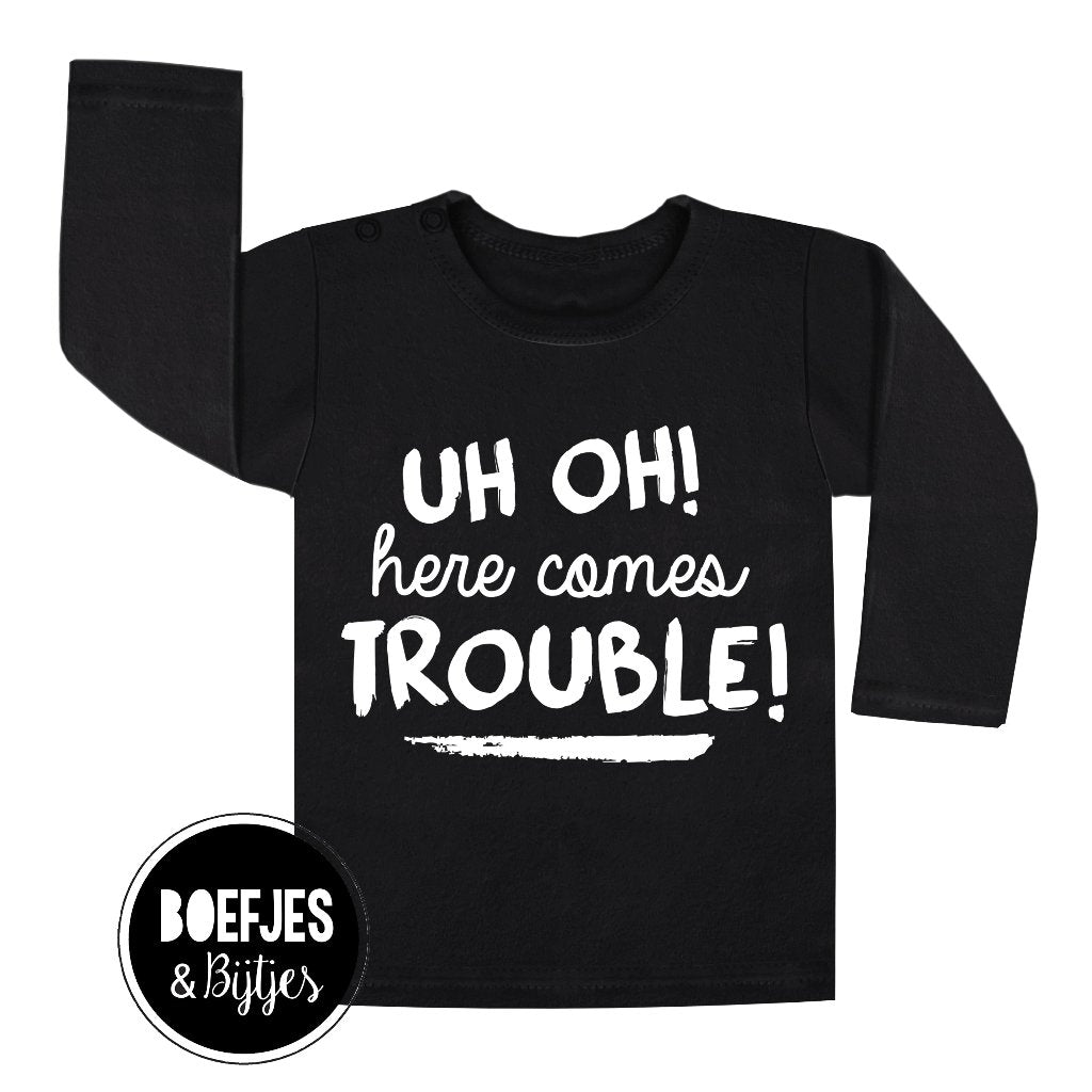 Uh oh! Here comes trouble! Unieke kinderkleding, uniek cadeautje kraamcadeau zwangerschapsaankondiging zwanger boefjes en bijtjes