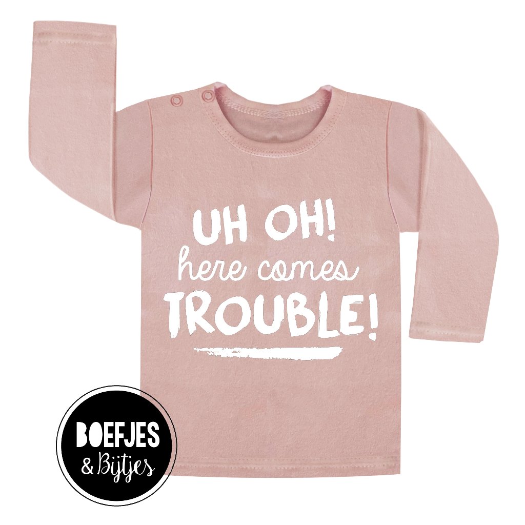 Uh oh! Here comes trouble! Unieke kinderkleding, uniek cadeautje kraamcadeau zwangerschapsaankondiging zwanger boefjes en bijtjes